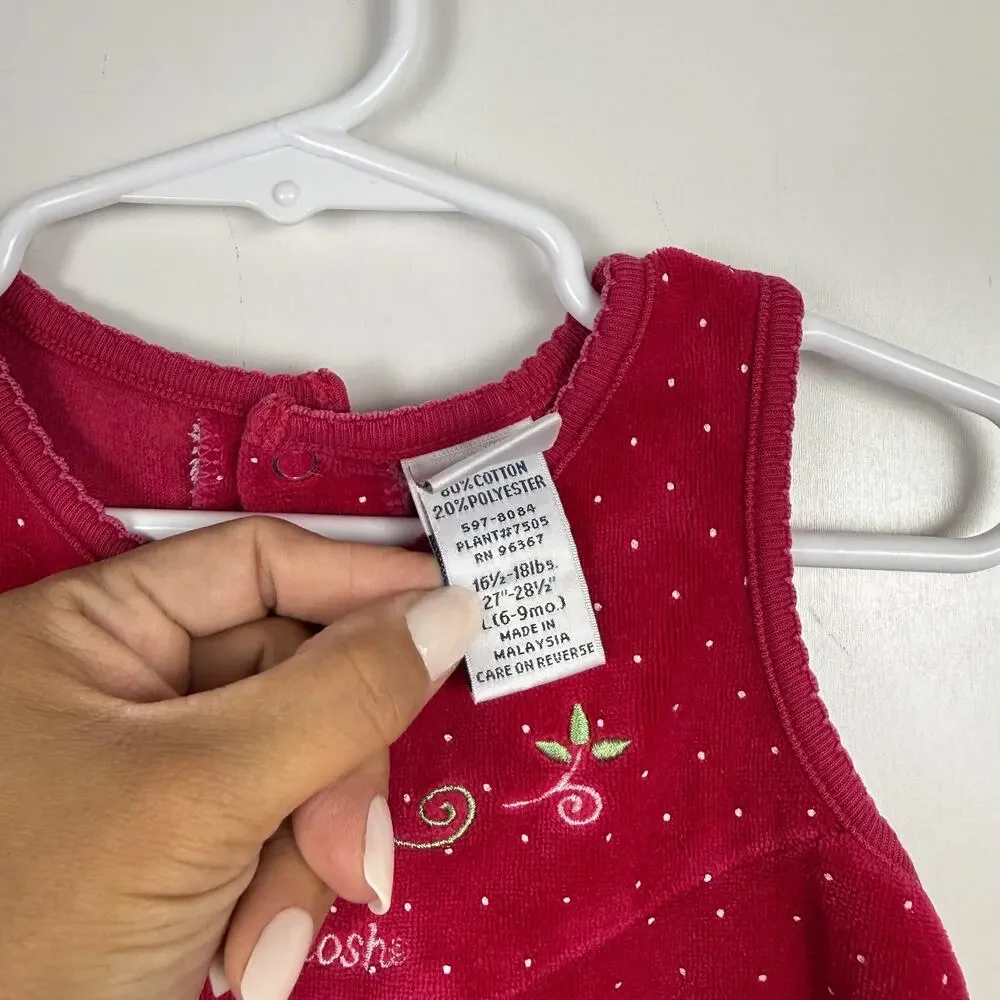 Vtg 90s OshKosh B'Gosh Velvet Jumpsuit Polka Dot Heart Pink - 6-9 Months
